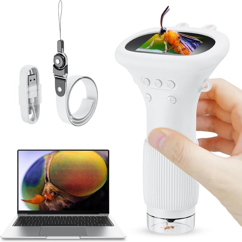 Ashfly Microscope for Kids, 2'' Inch HD Screen Pocket Portable Microscope, 1000x Magnification Mini Magnifying Glass with Light for Kids, for 3-12 Girls & Boys - White - Image 1